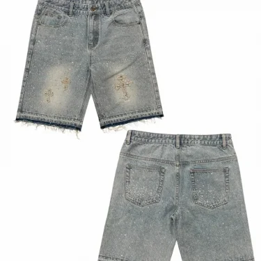 Streetwear Vintage Blue Denim Shorts Y2K Jeans Mens Womens Hip Hop Cross Rhinestone Sequin Baggy Shorts Low Waist Casual Shorts 2