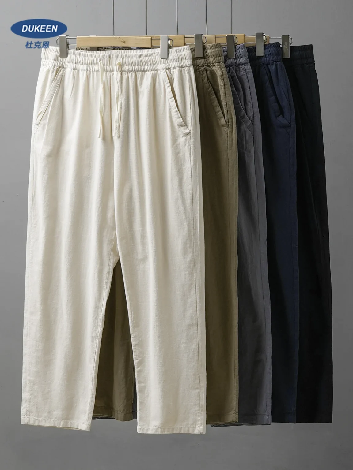 DUKEEN Breathable Linen Pants Men 2025 Summer Fashion Thin Ankle-Length Pants Elastic Waist Straight-Leg Men's Clothing 1