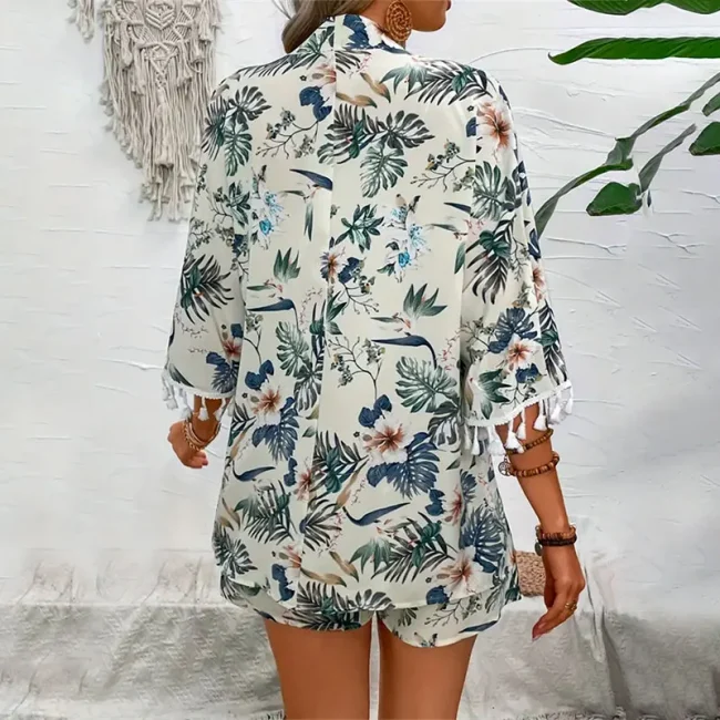 Two Piece Set For Women Outfits Open-front Cardigan Smock Flower Printed Beach Shorts Summer Suits Female Clothing Beachwear 4