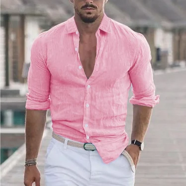 Spring Autumn Men's Quality Shirt Pure Cotton Single Breasted Hawaii Vacation Casual Loose Solid Color Lapel Long Sleeve Tops 5
