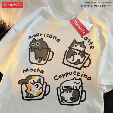 Cat Coffee Pure Cotton Trendy Summer Loose Short Sleeved T-shirt Men Women Original Mocha Latte Cat Three Flowers Fun Cat Tees 4