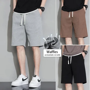 Men Shorts Solid Color Mid Waist Summer Shorts Waffle Texture Deep Crotch Drawstring Male Shorts Loose Knee Length Casual Short 1