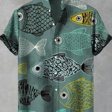 Summer Men's Casual Sea Life Graphic Short Sleeved Shirt Button Down Lapel Shirts Oversized Tops Casual Hawaiian Shirt for Men 2