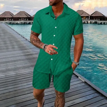 A summer men's beach set featuring a simple solid color short-sleeved shirt with a checkered pattern and drawstring shorts 5