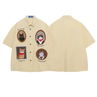 HELLOMARCEL Top Quality EU US Size Luxury Streetwear Men Summer Oversized Leisure Funny Cat Embroidery Short Sleeved Shirt 3