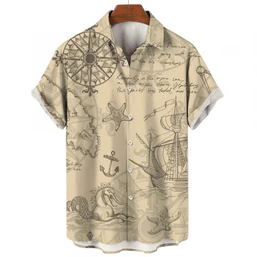 Men's Shirts Summer Fashion Nautical Graphic 3D Print Short Sleeve Casual Tops Beach Shirt For Men Oversized Loose Blouse Camisa 3