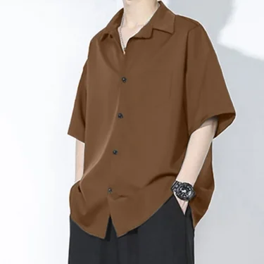 Shirt Men's Summer Ice Silk Short-Sleeved Drapey High-End Loose Casual Solid Color Shirt for Men 1