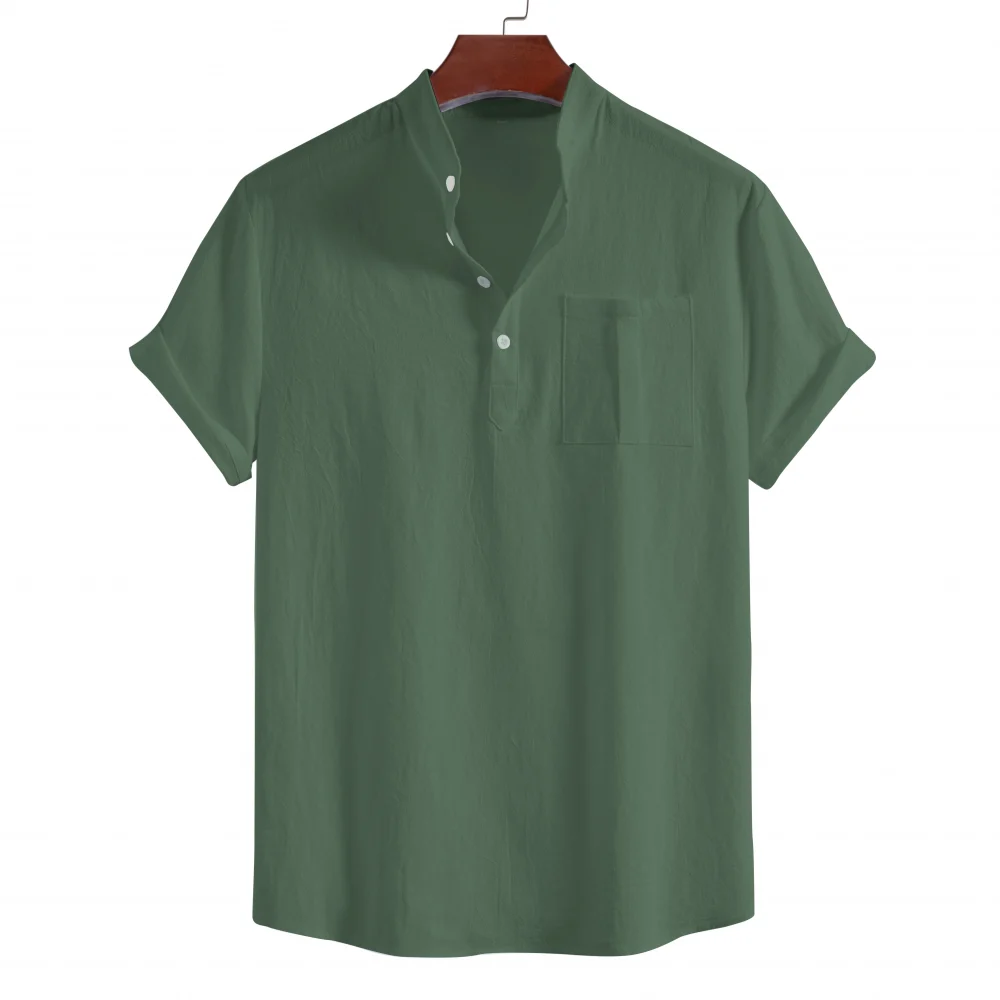 Men's summer pure cotton casual short-sleeved stand-up collar shirt, four-button solid color pullover for men 3
