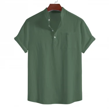 Men's summer pure cotton casual short-sleeved stand-up collar shirt, four-button solid color pullover for men 3