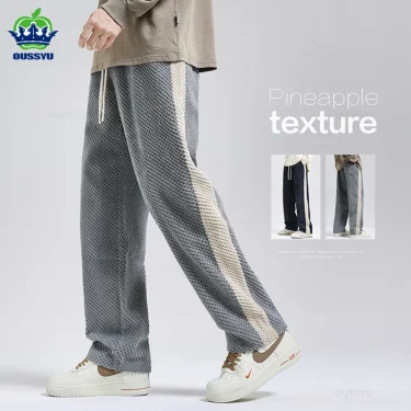 Pineapple Texture New Fabric Men's Corduroy Casual Pants Thick Elastic Waist Fashion Straight Loose Wide Leg Korea Trousers Male 1