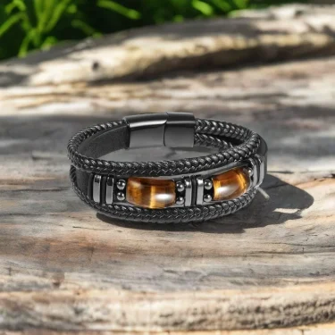 Tiger Eye Black Leather Bracelet Men Natural Gemstone Crystal Stone Jewelry Handmade Courage Stress Relief Protection Bracelet 3