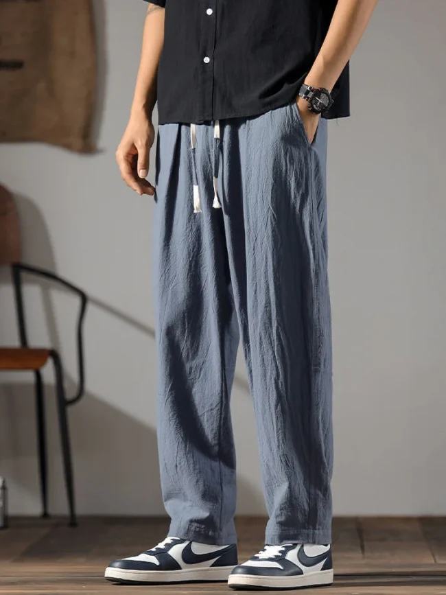 Japenese Cotton Linen Pants Men Summer Straight Casual Ice Silk Sweatpants Male Wide leg Oversize Linen Trousers 2024 New 3