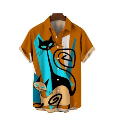 Men's Hawaiian Shirt Cat Printed Short Sleeve Tops Beach Vacation Sunset Harajuku Men's Clothing Casual Unisex Style Shirts 2