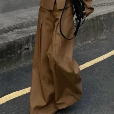 Gymystars Brown Striped Trousers Women's Wide Leg Pants New Fashion Pleated Loose Suit Pants Famale Clothing Office Commute 1