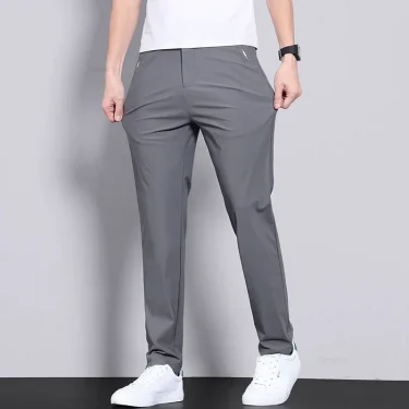 Ultra-thin Elastic Men's Casual Trousers Summer Quick-drying Ice Silk Slim Straight Business Solid Color Trousers Black Gray 4