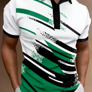 Men'S Summer Fashion Polo Shirt, Casual Geometric Stripe Pattern, Short Sleeve,Knit Polyester Fabric,Button Placket, 4