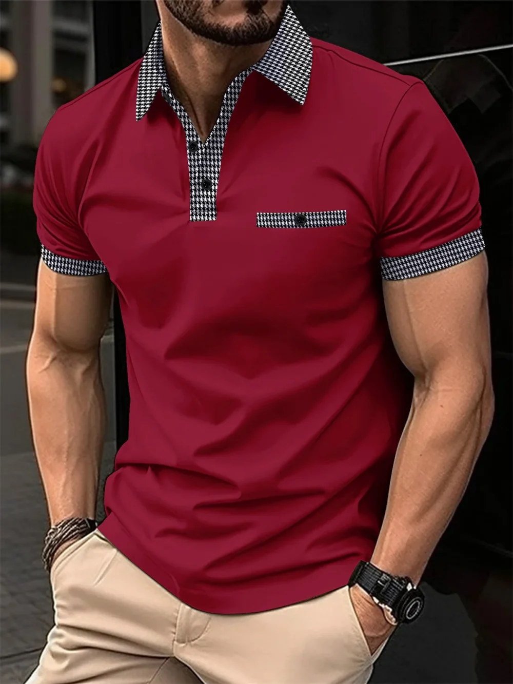 A simple solid-color short-sleeved men's casual sports POLO shirt with a checkered patchwork button lapel in summer 3