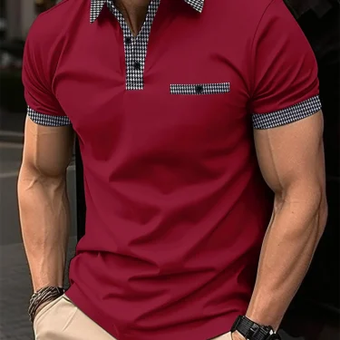 A simple solid-color short-sleeved men's casual sports POLO shirt with a checkered patchwork button lapel in summer 3