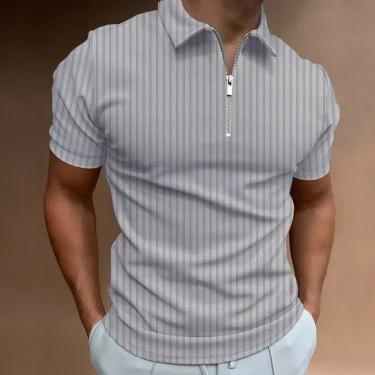 Men's Fashion Polo Shirts 2025 Summer Stripe Zipper Mens Polo Shirt Solid T-Shirt Brand Short-Sleeved Shirt Casual Slim Tops 2
