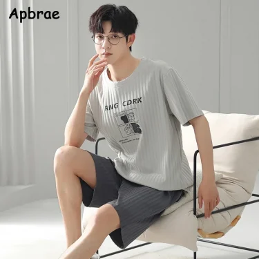 Summer Men Faux Cotton Pajamas Set Short Sleeves Shorts Sleepwear for Boy Big Size L-3XL Young Man Pijamas Pullover Homewear 3