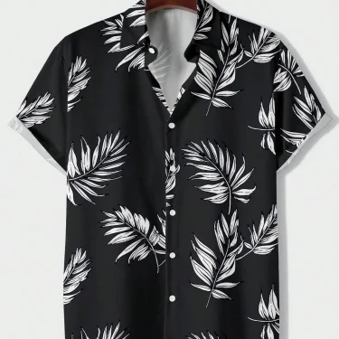 Hawaiian Fashionable Lapel Shirts For Men And Women Tropical Plant Print Short Sleeve Button-Down Shirts Seaside Tops 4