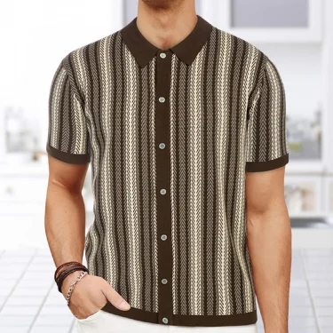Summer New Men's Striped Jacquard Knitted Short-Sleeved Polo Shirt Contrast Color Casual Fashion Trend Simple Loose Men's Tops 5