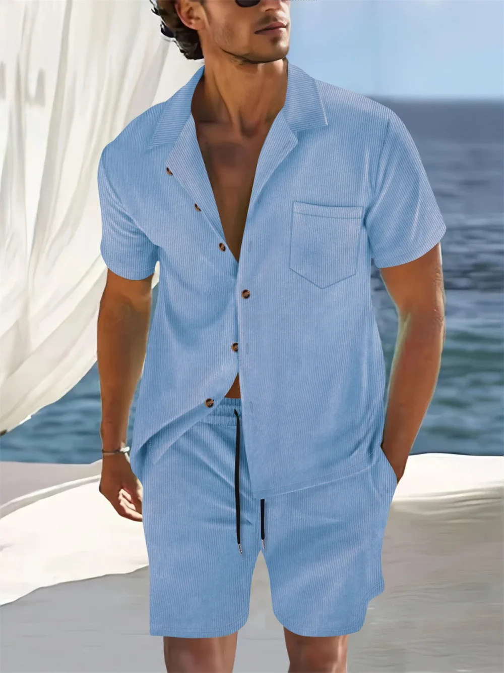 Cuban-style striped short sleeve cardigan shirt top + shorts Men's business casual suit, suitable for seaside vacation 3