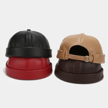 Solid Color PU Leather Landlord Hat Men Women Simplicity Retro Melon Skin Caps Autumn Winter Adjustable Docker Hat Fashionable 2