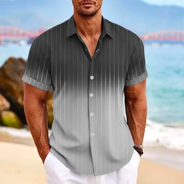 Men's Gradient Striped Printed short-sleeved Shirt 3D Casual Fashion Lapel Top Simple And Handsome Hawaiian 1