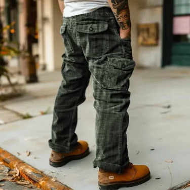 Autumn Winter Fashion Solid Color Men's Streetwear Fashion Pocket Work Pants Outdoor Sports and Leisure Retro Straight Leg Pants 1