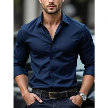 FGKKS Men Casual White Shirt Brand Fashion Solid Color Long Sleeve Elastic Fabric Male Business Dress Shirt 2