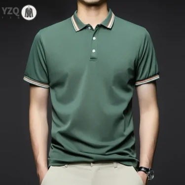 Men's Fashion Solid Short Sleeved Striped Lapel Polo Shirt Summer Breathable Comfortable Top 5