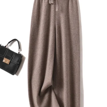 Autumn Winter Women's Cashmere Wide Leg Pants Basic Soft Casual Sashes Trousers 100% Merino Wool Knitwear Korean Popular Pants 6