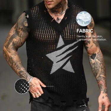 Men's Knitted Vest Summer Fashion Star Pattern Mesh Vest Casual Sleeveless Breathable Woolen Knit Ves Soft Top Men US Size 4