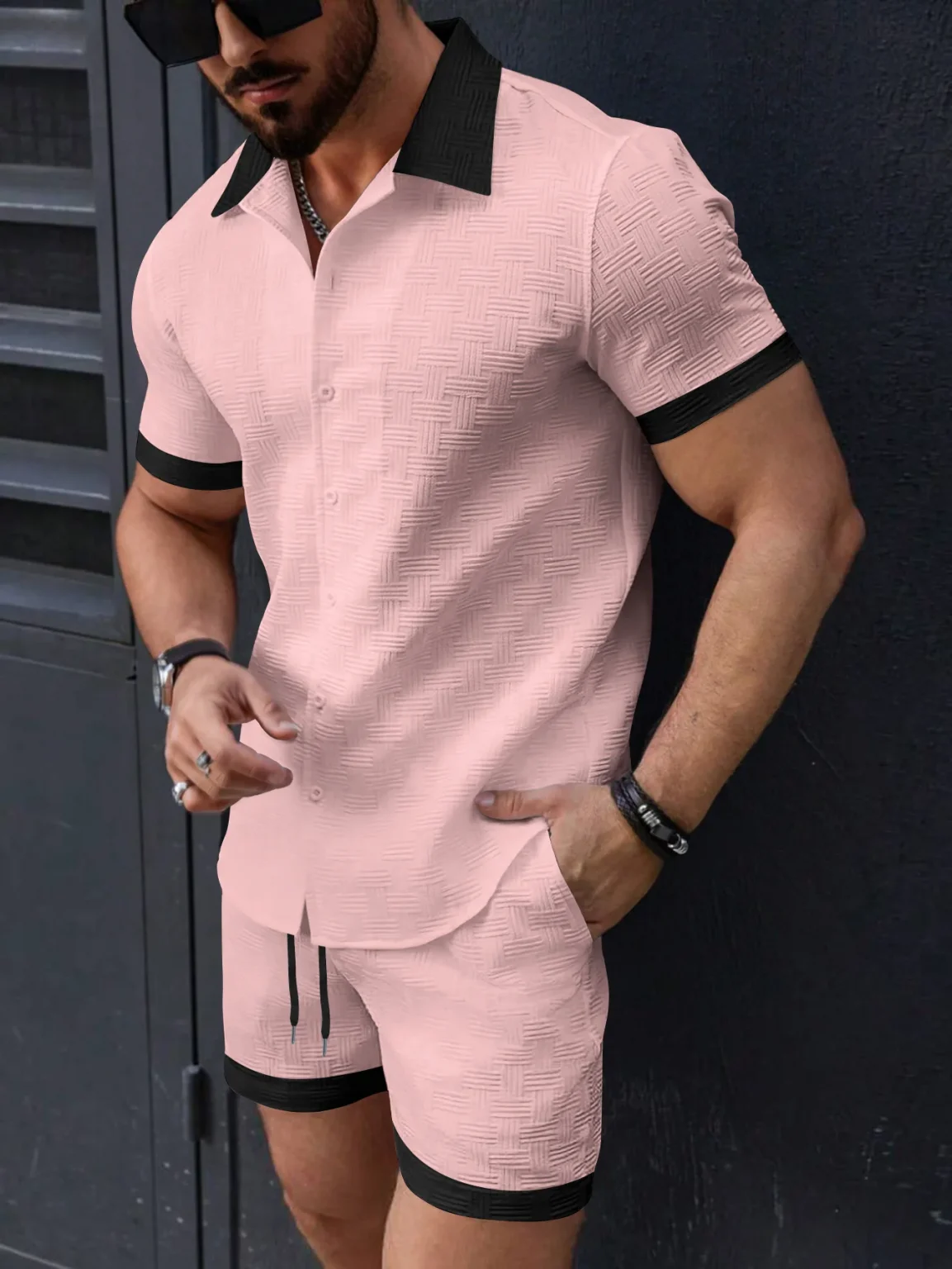 2025 Spring and summer new European and American fashion casual men's shirt color short-sleeved shorts beach suit 5