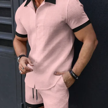 2025 Spring and summer new European and American fashion casual men's shirt color short-sleeved shorts beach suit 5