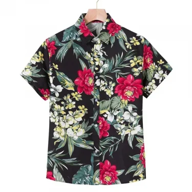 Hawaiian Beach Men's Short Sleeve Shirt with Plant Print Pattern Boy's Short Sleeve Lapel Casual Shirt Fashionable Tops 2