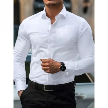 FGKKS Men Casual White Shirt Brand Fashion Solid Color Long Sleeve Elastic Fabric Male Business Dress Shirt 1