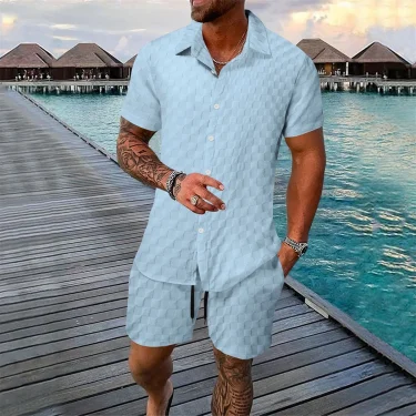 A summer men's beach set featuring a simple solid color short-sleeved shirt with a checkered pattern and drawstring shorts 3