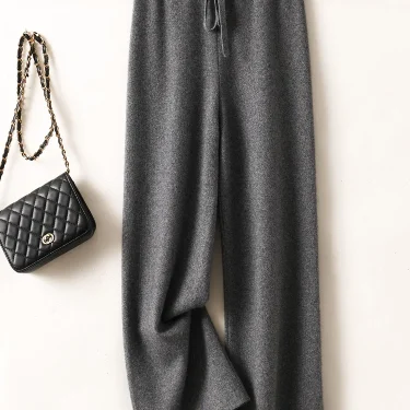 Autumn Winter Women's Cashmere Wide Leg Pants Basic Soft Casual Sashes Trousers 100% Merino Wool Knitwear Korean Popular Pants 5