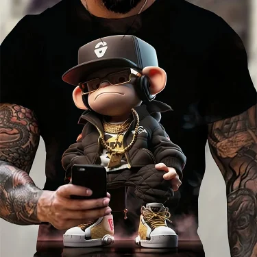 Hip Hop Monkey Pattern Print T-shirts O-Neck Short Sleeve Tee Designer Clothes Men Monkey Print Clothes Men Designer T-shirts 1