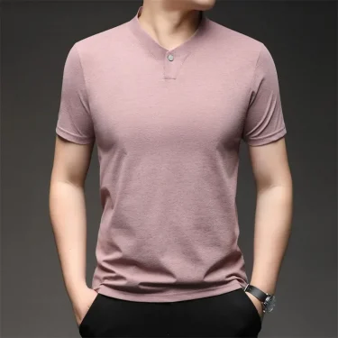 2025 Korean Style Men's Casual and Fashionable One Button V-neck Solid Color Short Sleeved T-shirt Summer Versatile Top 5