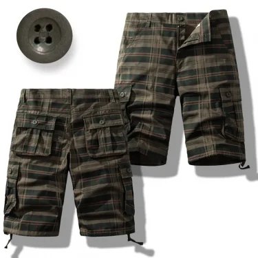 Men's Summer New Multi Pocket Pure Cotton Shorts Fashionable Plaid Casual Loose Shorts Outdoor Sports Wear Resistant Shorts 6
