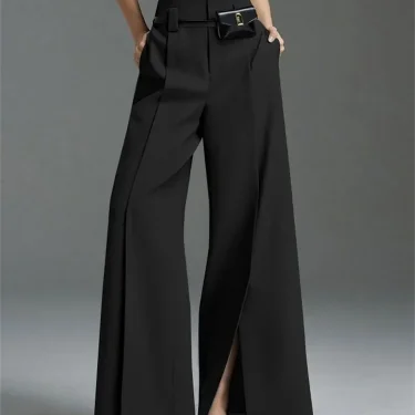 Lemongor Women Formal Suit Straight-leg Pants New Fashion Solid Color Split-Front High-Waisted Pleated Casual Trousers 2