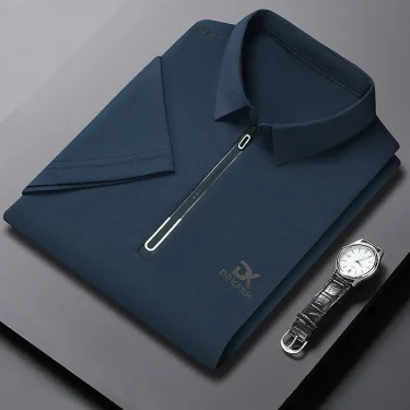 New Men's Business Casual Zipper Short Sleeve Solid Color Polo Shirt Fashionable Warm Comfortable Four Seasons Versatile Top 1