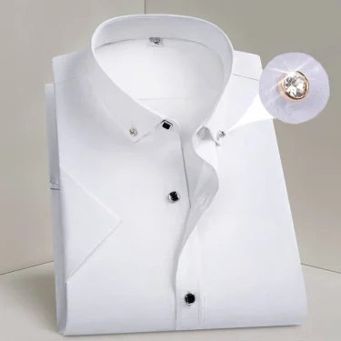 Hot Sale Men's Dress Shirt Formal Thin Business Classic Basic Diamond Button Social White Shirt Short Sleeve Men Clothing 1