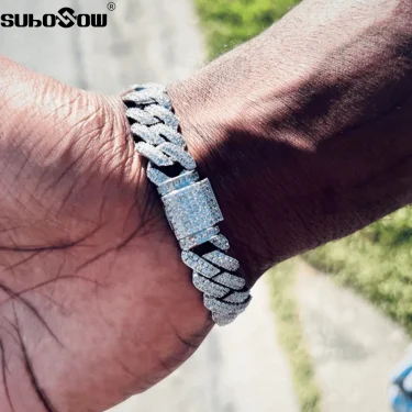 2024 NEW Hip Hop Men Link Bracelet 13/14MM Cuban Chain Iced Out 2 Row Rhinestone Paved Miami Rhombus Bracelet for Women Jewelry 1