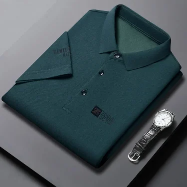 New Men's Business Casual Short Sleeved Shirt with Badge Solid Color Polo Shirt Fashionable Breathable Comfortable Versatile Top 4