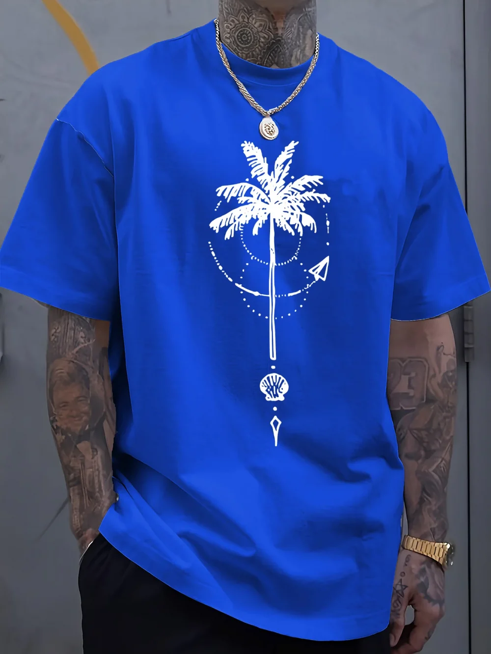 Men's summer 100 cotton fashionable sports casual loose coconut tree pattern printed round neck short sleeved T-shirt top 4