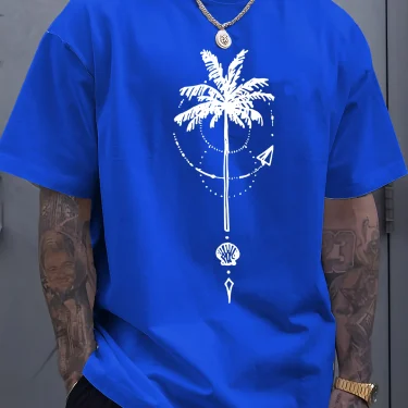 Men's summer 100 cotton fashionable sports casual loose coconut tree pattern printed round neck short sleeved T-shirt top 4